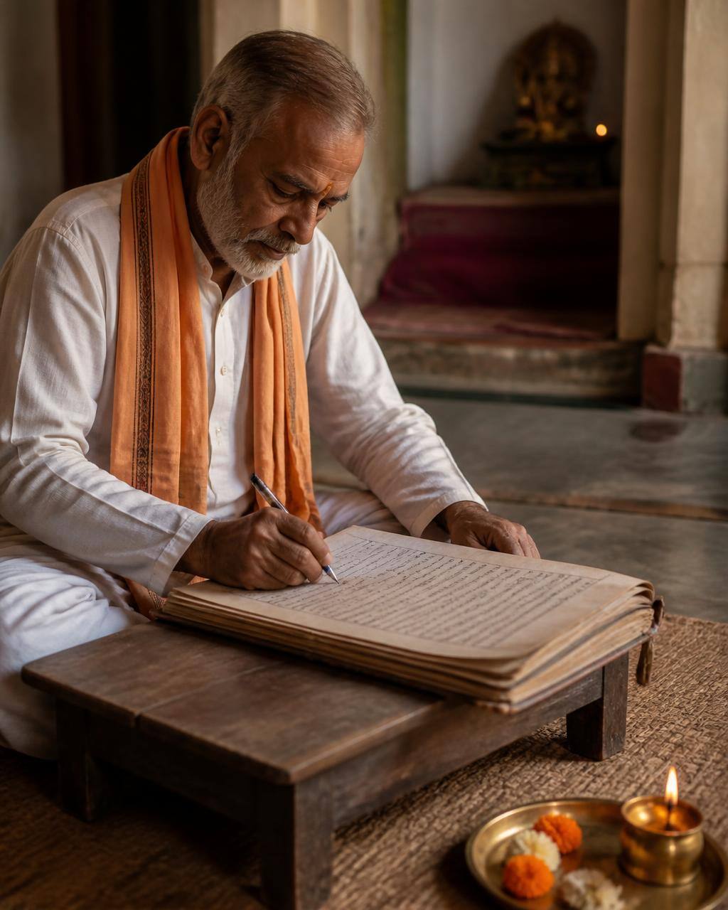 A pandit in India writing by hand into a traditional family register, with a small puja tray beside him