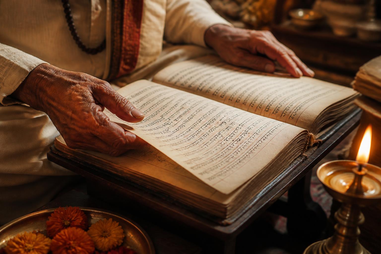 A priest's hands carefully turning the pages of a handwritten family register.